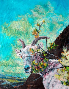 F Ewe by Dede Farrar created January, 2014. Clearly visible brushstrokes, bright coloring, based on photograph and impression of the moment makes this painting an example of a modern Impressionism. The bighorn sheep wears a tracking collar. Real life moment is shown and the image is not glamorized yet interpreted with the feelings of the artist, another hallmark of Impressionism without overdone sentimentalism and nostalgia.